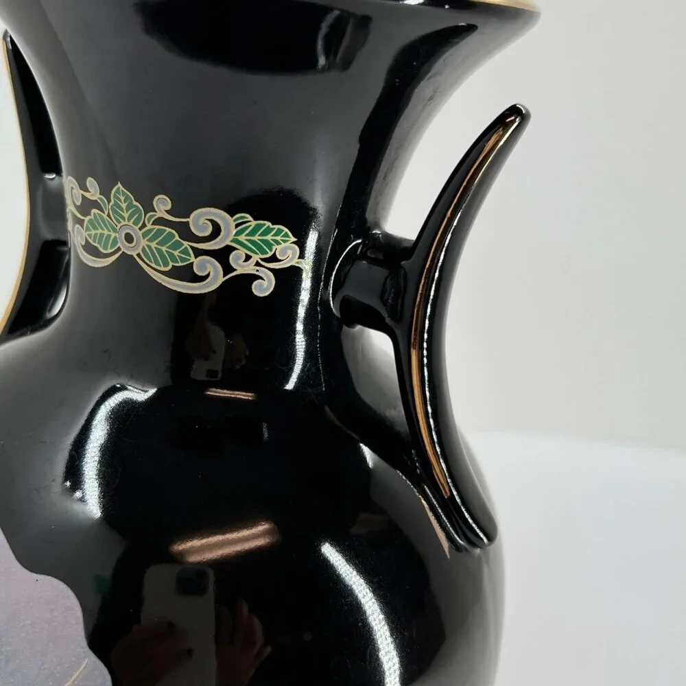 Vintage Japanese Black Floral Vase Calla Lily Vase Gold Trim Dual Handle Decor